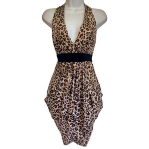 TRAC Chain Back Brown Leopard Animal Print Halter Neck Mini Cocktail Dress Small
